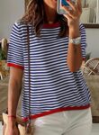 Dokotoo Womens Tops Casual Summer Crewneck Short Sleeve Striped Color