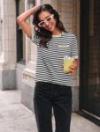 LILLUSORY Womens Striped Short Sleeve Sweater Pullover Shirts with Chest