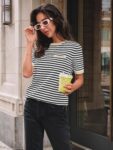 LILLUSORY Womens Striped Short Sleeve Sweater Pullover Shirts with Chest