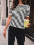 LILLUSORY Womens Striped Short Sleeve Sweater Pullover Shirts with Chest